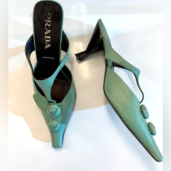 Genuine PRADA light green leather floral MULES 2” kitten heel sz 37 US 6.5-7 - Picture 2 of 16
